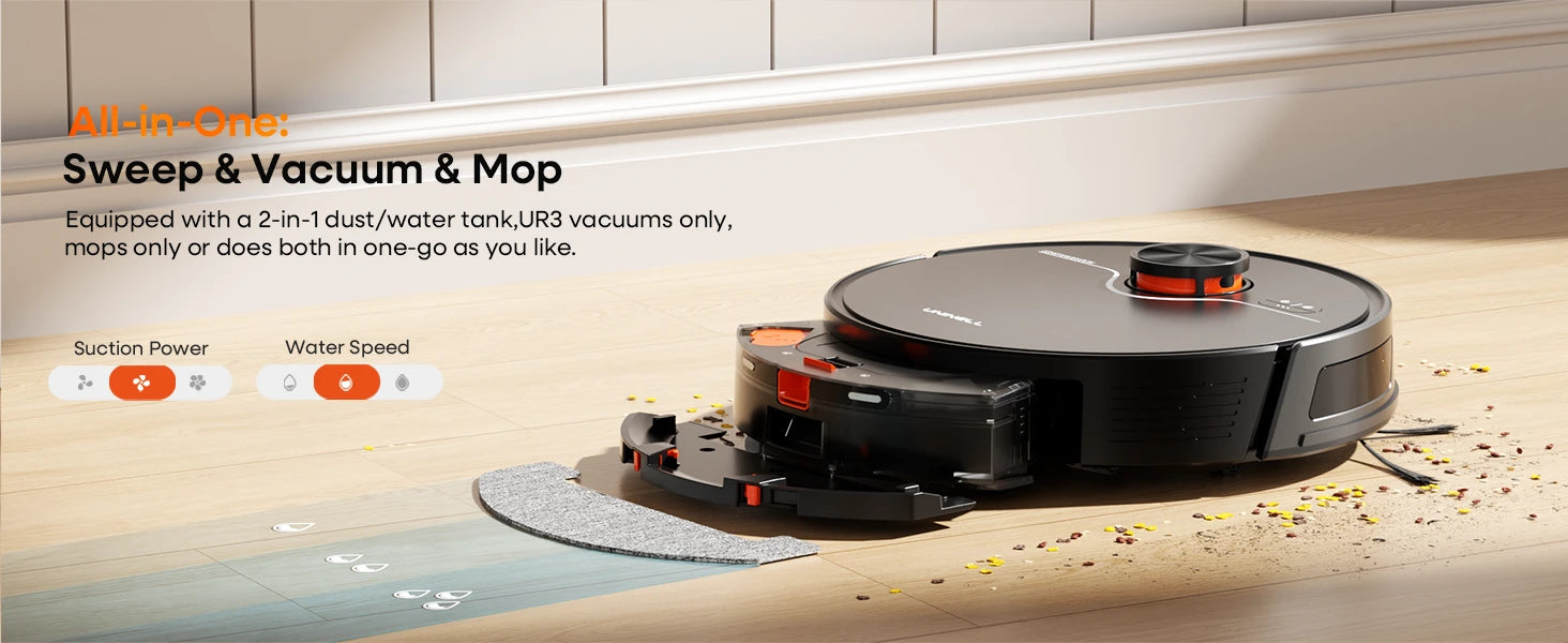 2-in-1 dust/water tank lets you vacuum only, mop only, or do both simultaneously as you like