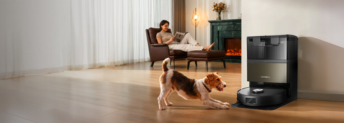UNINELL ZENITH 10 robot vacuum and self-emptying station in a living room