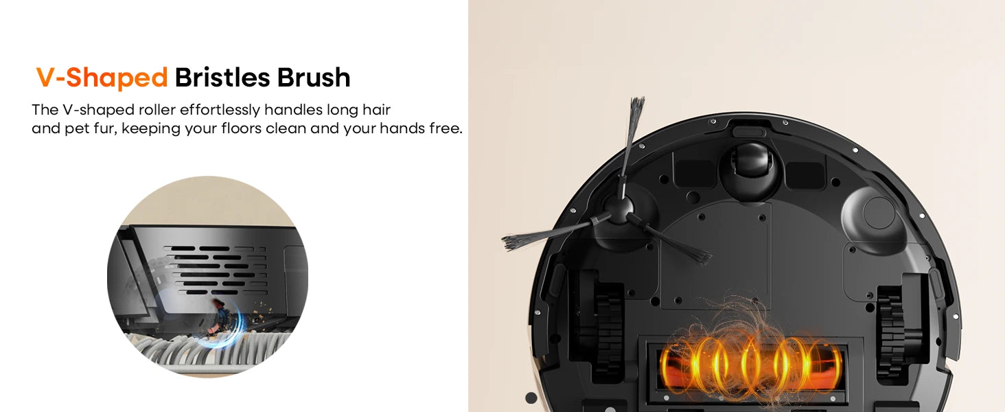 V-shaped bristle roller brush effortlessly handles long hair and pet fur without tangling