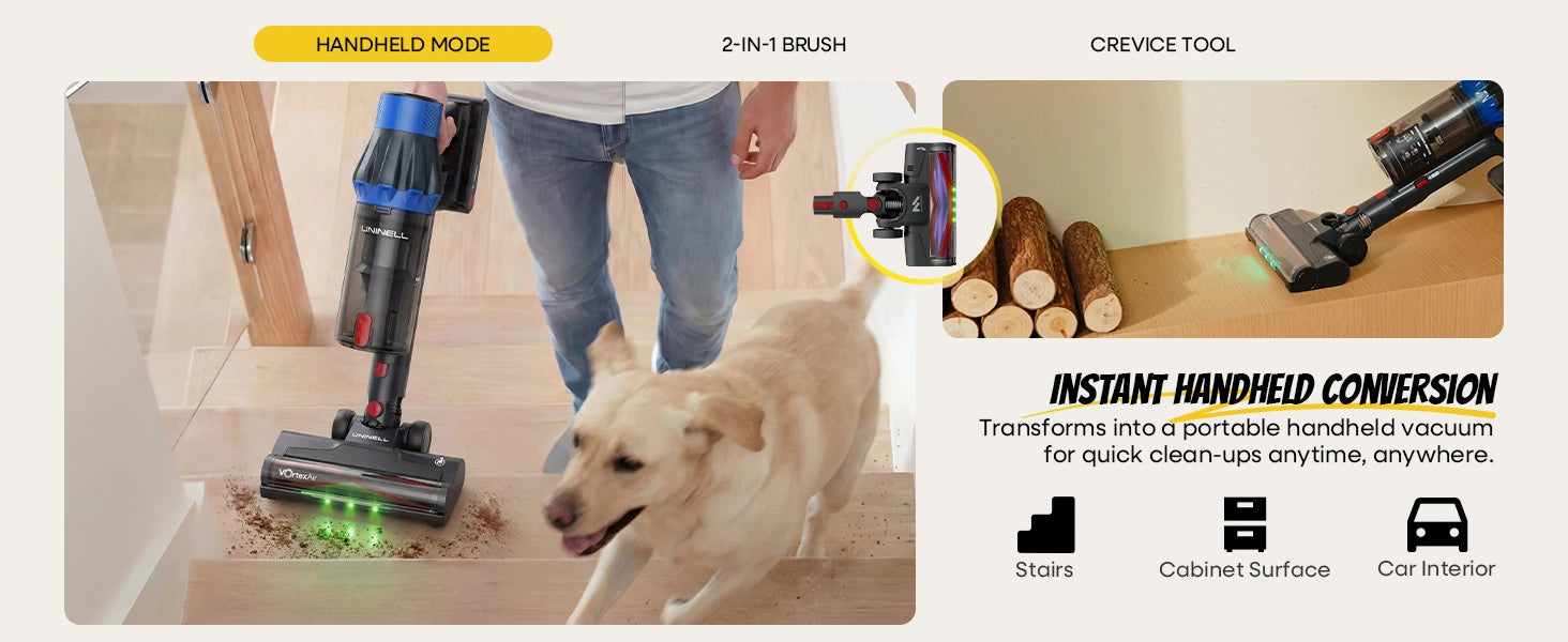 Text reads 'INSTANT HARDWOOD CONVERSION'. Green-handled floor cleaning tool being used on hardwood, showing before/after application results.