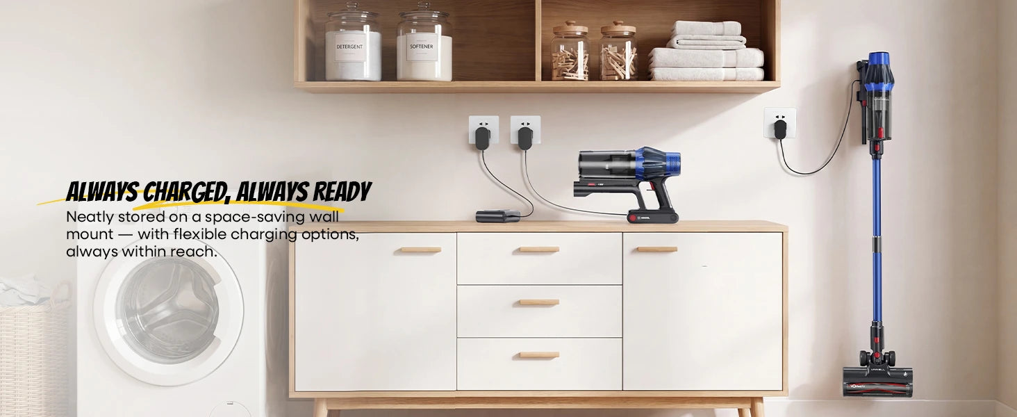 Text reads 'SIMPLY CHARGED, SIMPLY CLEAN'. White laundry room interior with washing machine, storage shelving, and cordless cleaning device displayed.