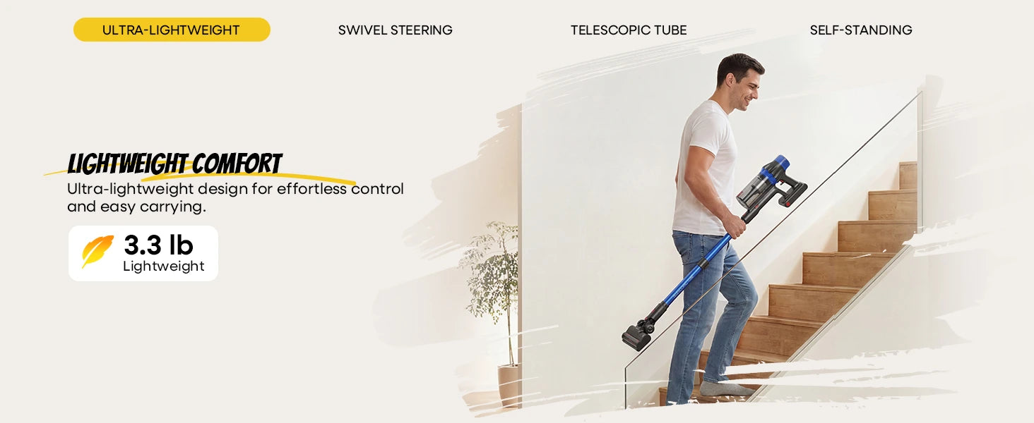 Text reads "JETZT LIEFERBAR!", "MOTORISIERTER COMFORT", "3.3 lb.", "EINFACH ZU INSTALLIEREN", "SICHERES DESIGN", "MONTAGE EN PILIERS". Man on stairs holding black motorized device, demonstrating installation against white wall with product specifications.